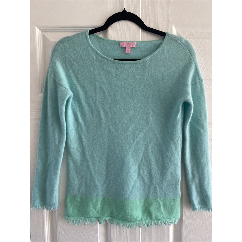 Lilly Pulitzer Cashmere Fringe Sweater Womens Size XS Blue Green Colorblock Knit